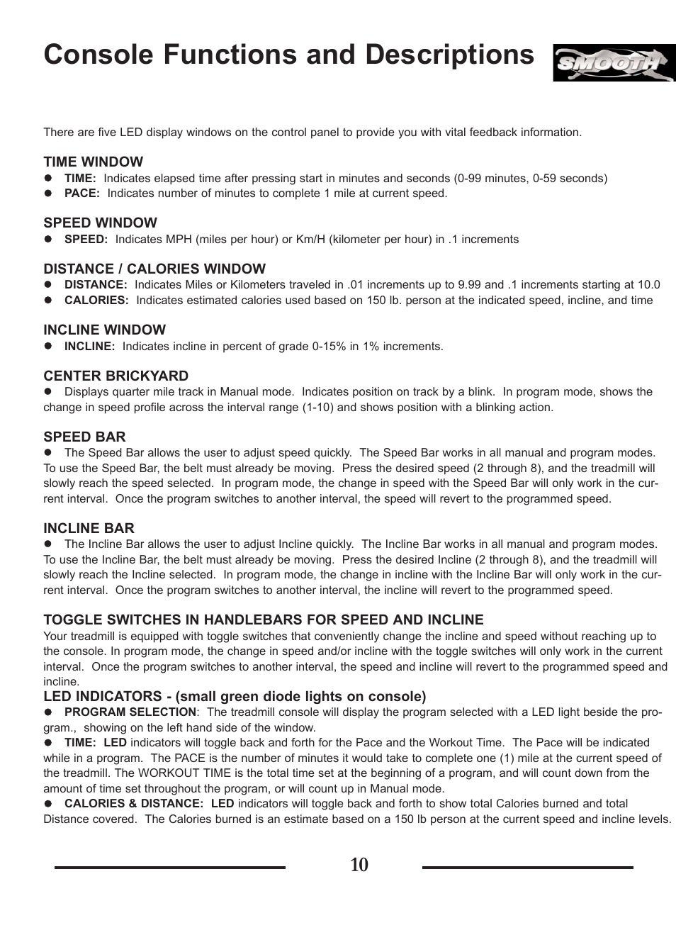 Console functions and descriptions | Smooth Fitness SMT9.2P User Manual | Page 10 / 19