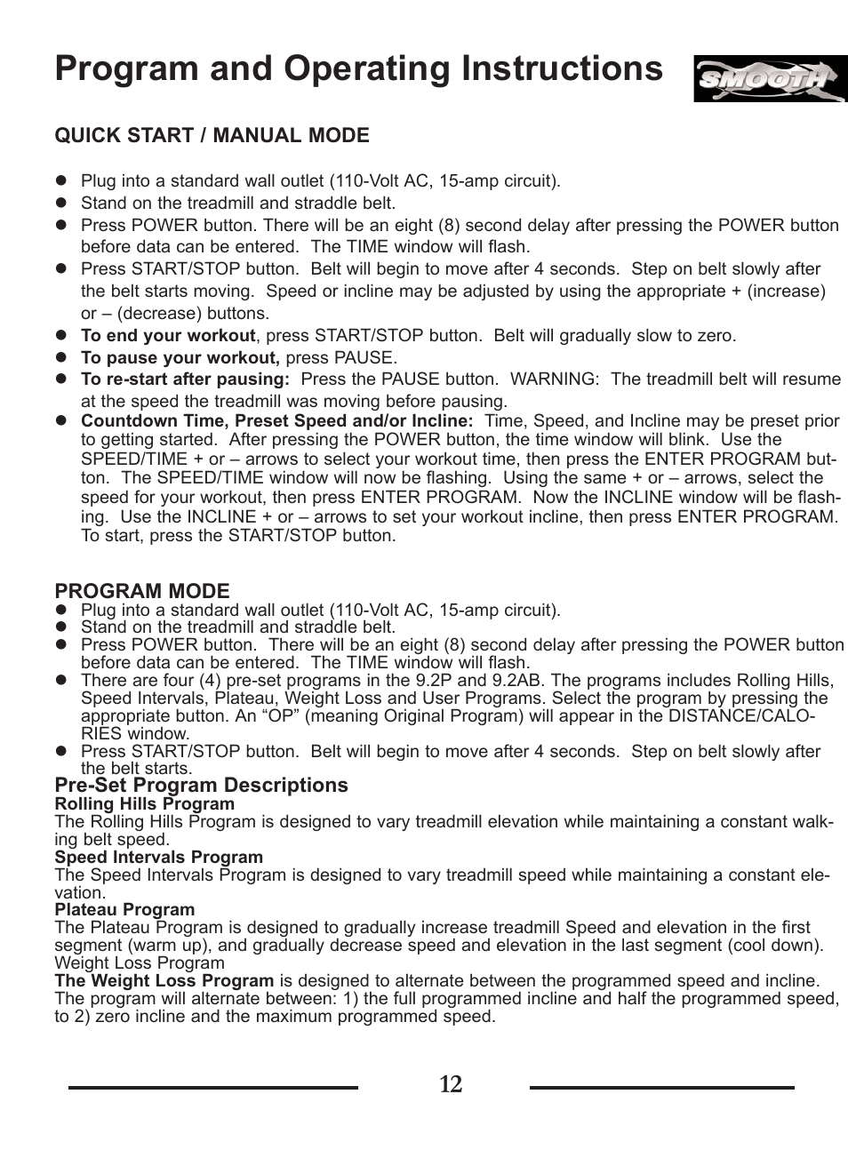 Program and operating instructions | Smooth Fitness SMT9.2P User Manual | Page 12 / 19