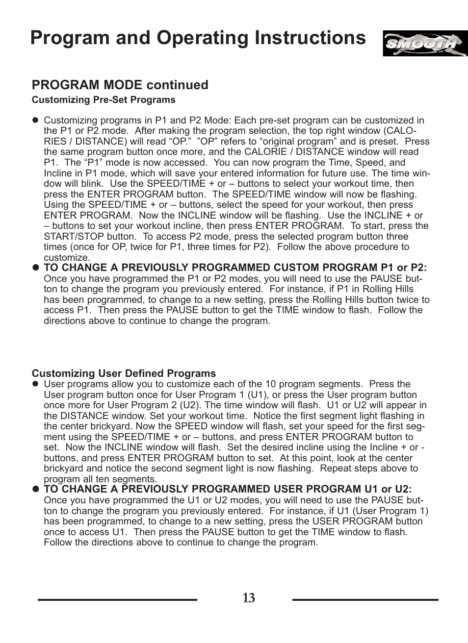 Program and operating instructions, Program mode continued | Smooth Fitness SMT9.2P User Manual | Page 13 / 19