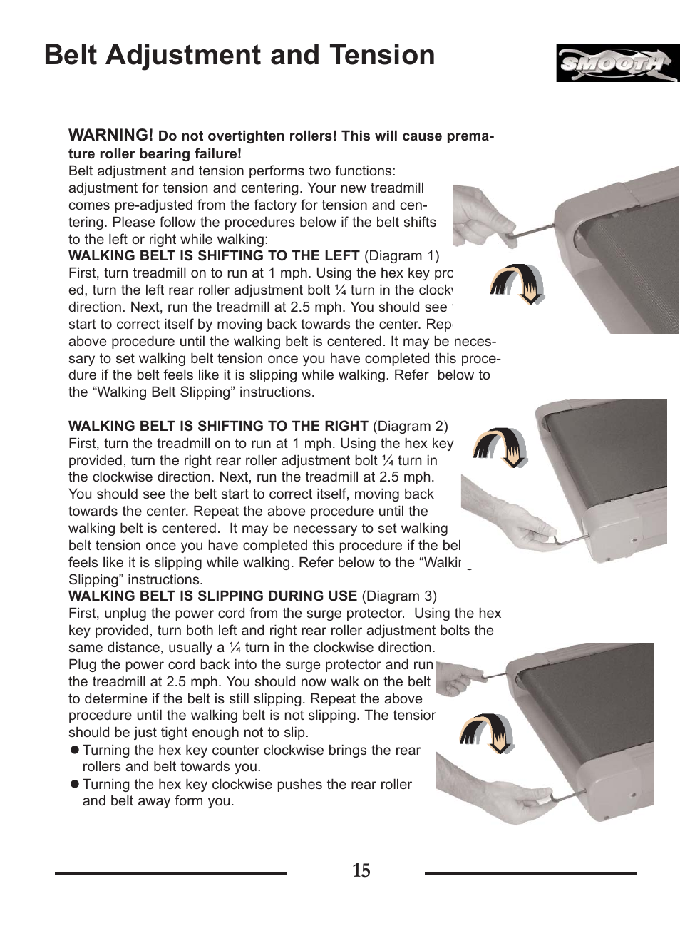 Belt adjustment and tension | Smooth Fitness SMT9.2P User Manual | Page 15 / 19