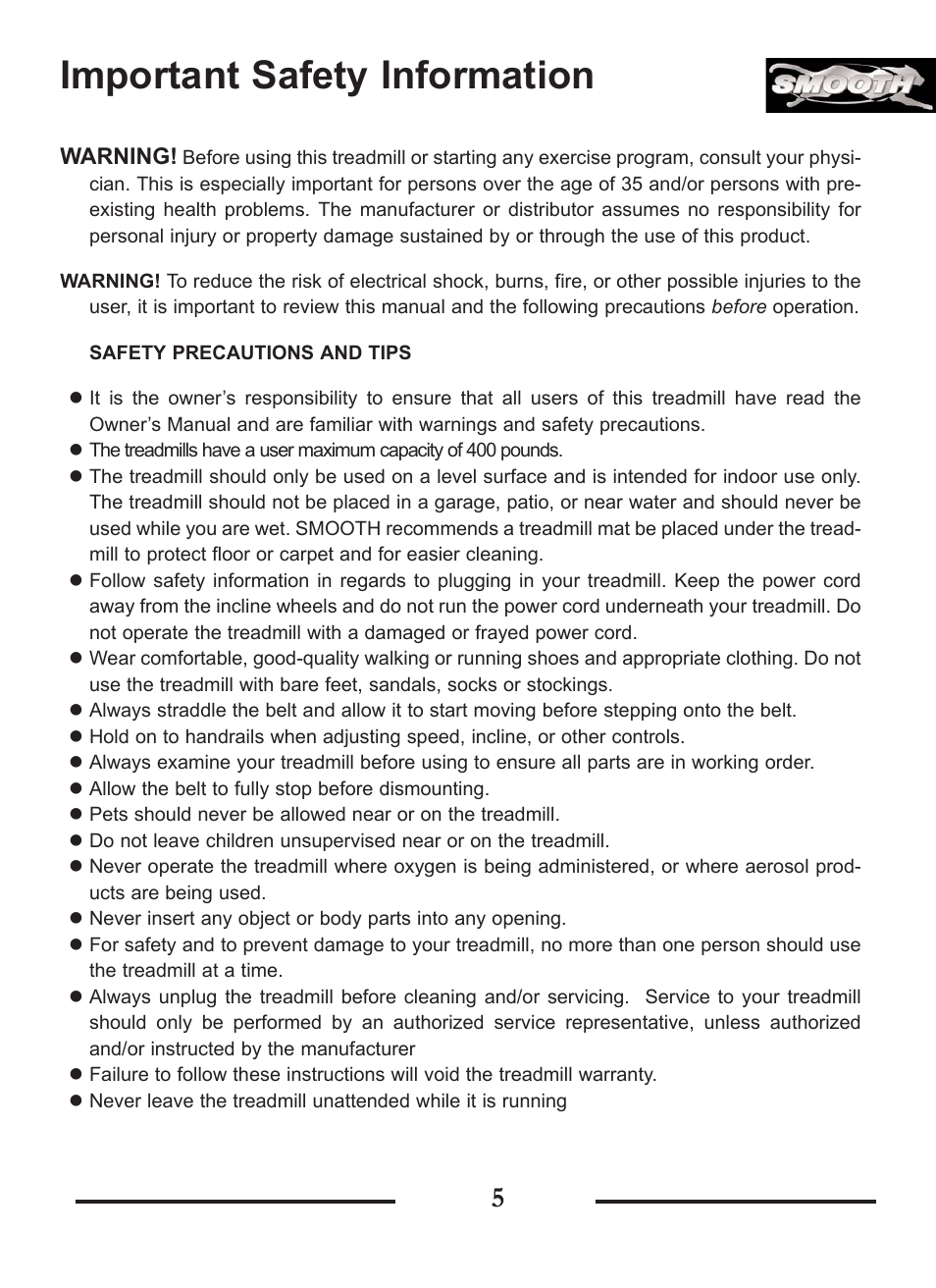 Important safety information | Smooth Fitness SMT9.2P User Manual | Page 5 / 19