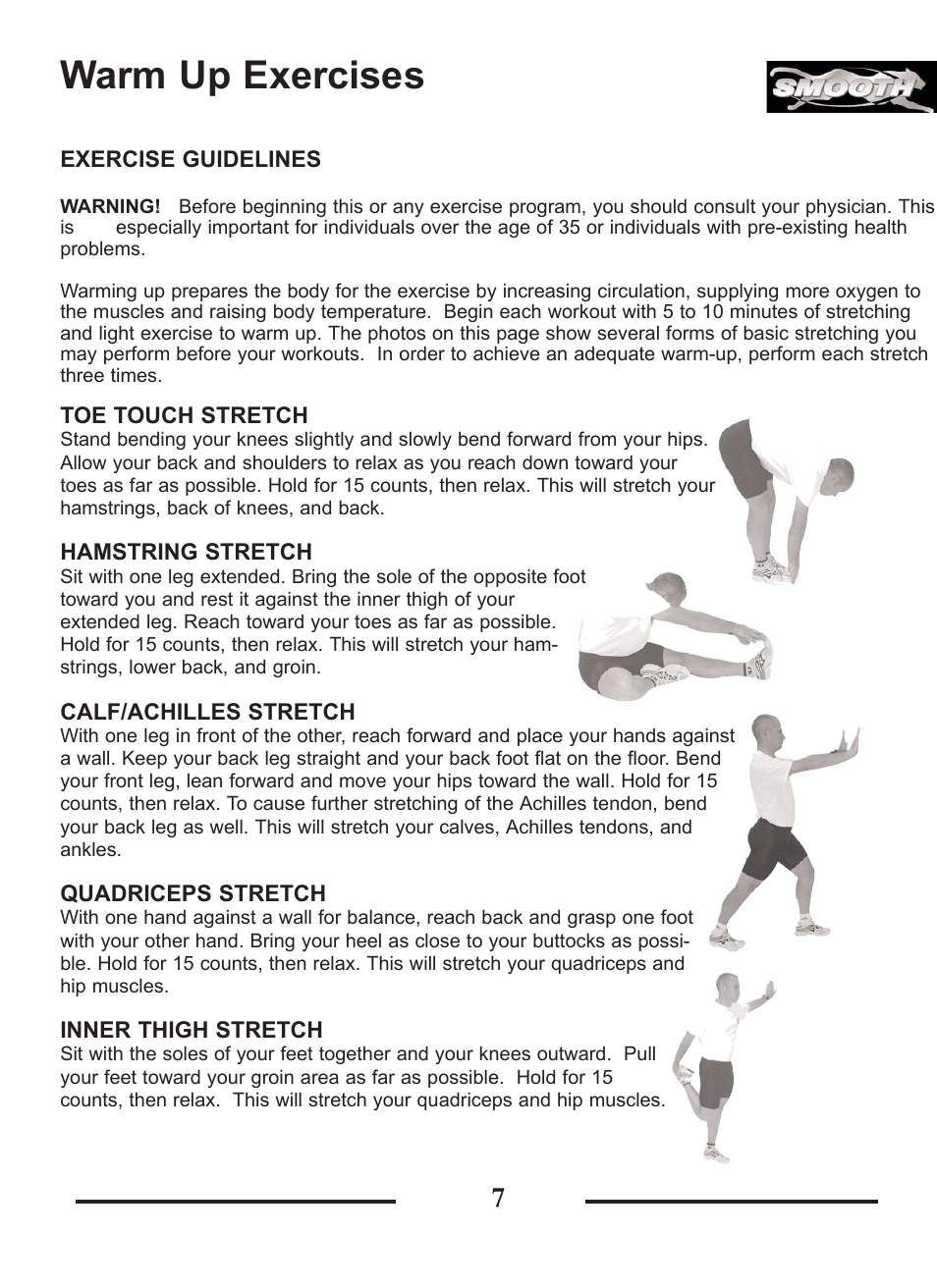 Warm up exercises | Smooth Fitness SMT9.2P User Manual | Page 7 / 19