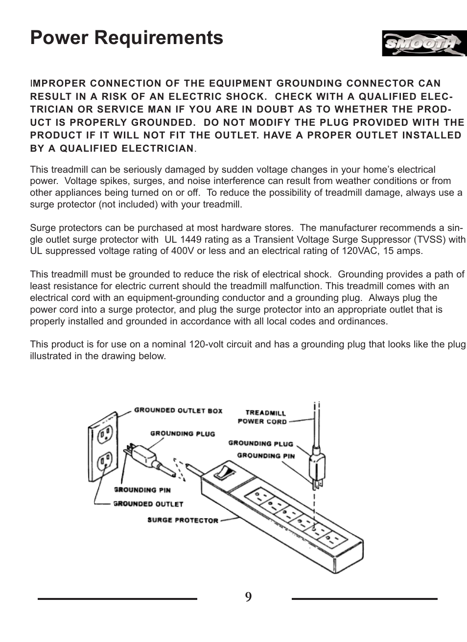 Power requirements | Smooth Fitness SMT9.2P User Manual | Page 9 / 19
