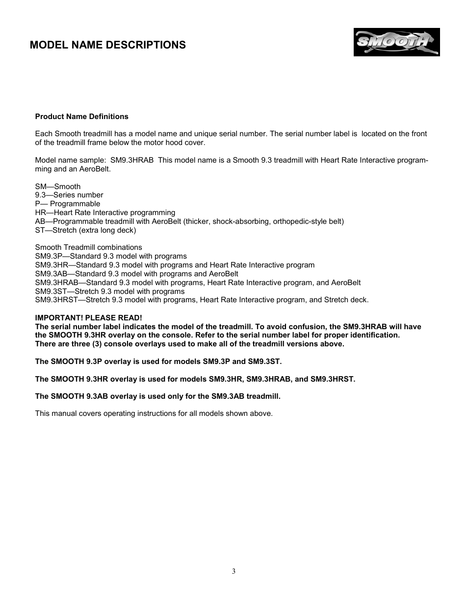 Model name descriptions | Smooth Fitness SM9.3ST User Manual | Page 3 / 31