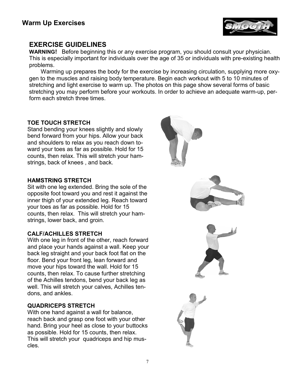Warm up exercises exercise guidelines | Smooth Fitness SM9.3ST User Manual | Page 7 / 31