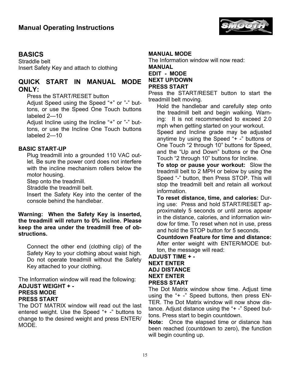 Manual operating instructions basics, Quick start in manual mode only | Smooth Fitness SM9.3AB User Manual | Page 15 / 31