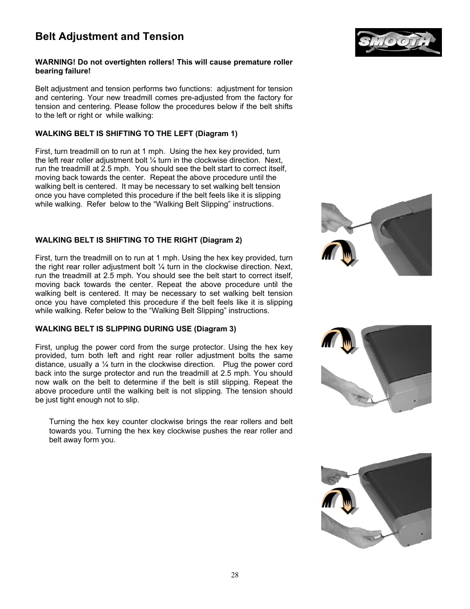 Belt adjustment and tension | Smooth Fitness SM9.3AB User Manual | Page 28 / 31