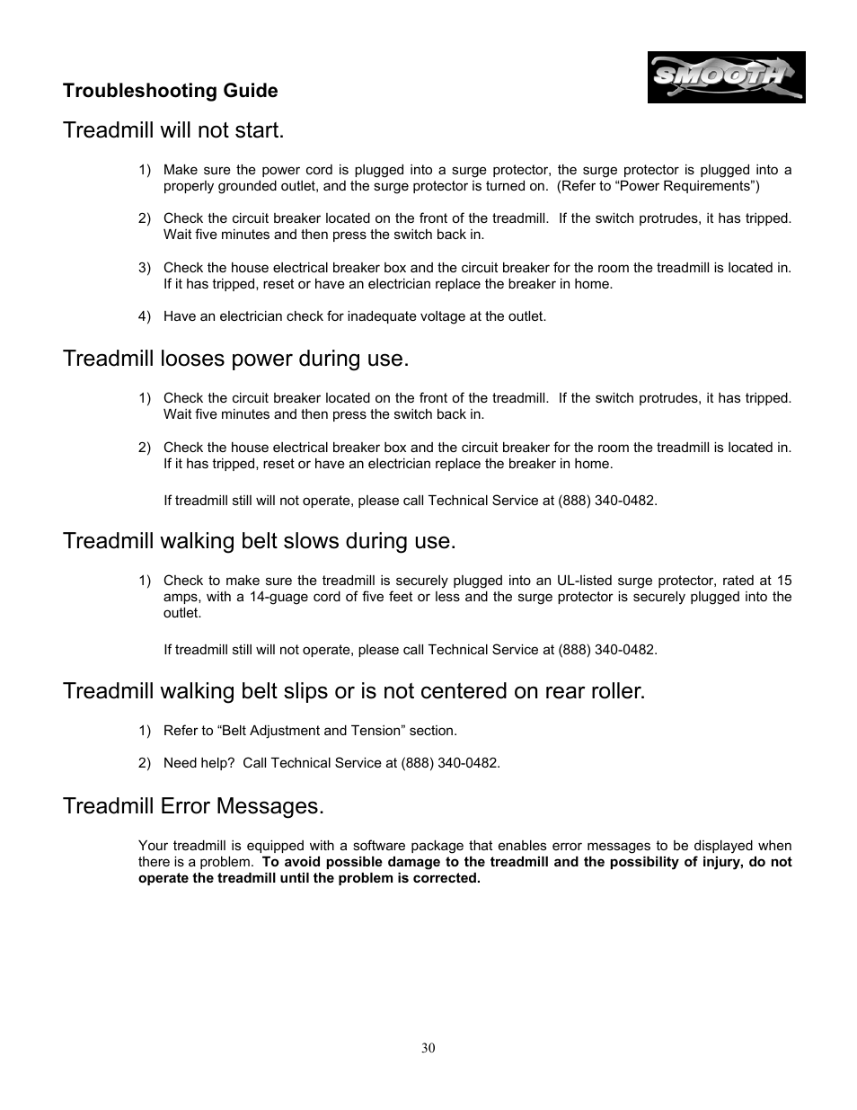 Treadmill will not start, Treadmill looses power during use, Treadmill walking belt slows during use | Treadmill error messages, Troubleshooting guide | Smooth Fitness SM9.3AB User Manual | Page 30 / 31
