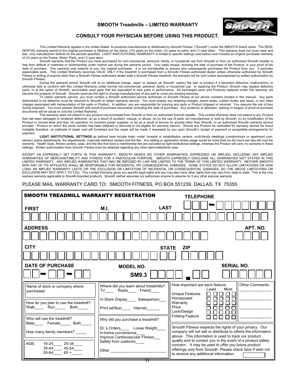 Sm9.3 | Smooth Fitness SM9.3AB User Manual | Page 31 / 31