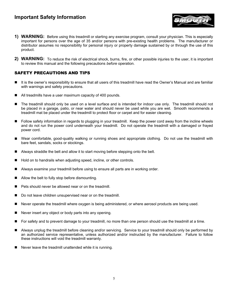 Important safety information | Smooth Fitness SM9.3AB User Manual | Page 5 / 31