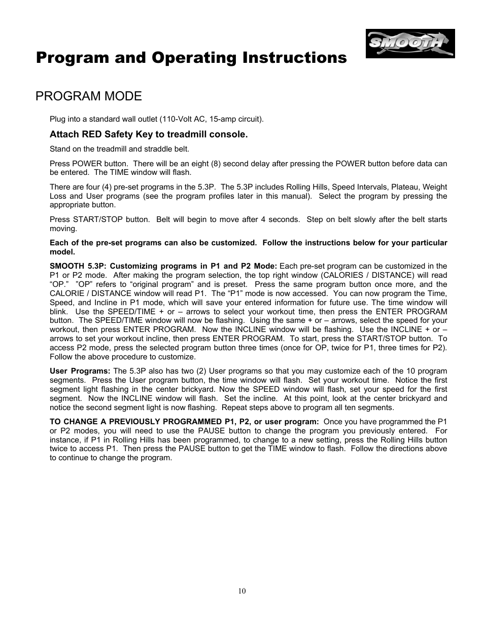 Program and operating instructions, Program mode | Smooth Fitness 5.3P User Manual | Page 10 / 17