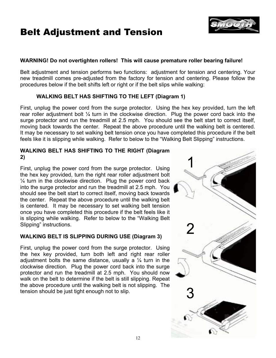 Belt adjustment and tension | Smooth Fitness 5.3P User Manual | Page 12 / 17