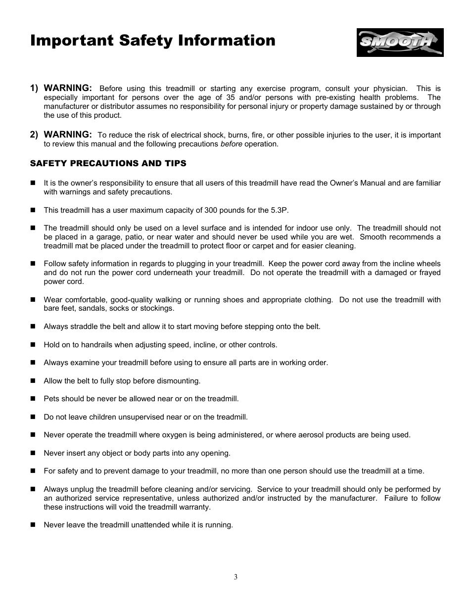 Important safety information | Smooth Fitness 5.3P User Manual | Page 3 / 17