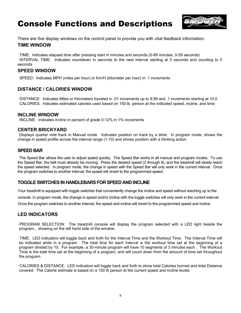 Console functions and descriptions | Smooth Fitness 5.3P User Manual | Page 8 / 17