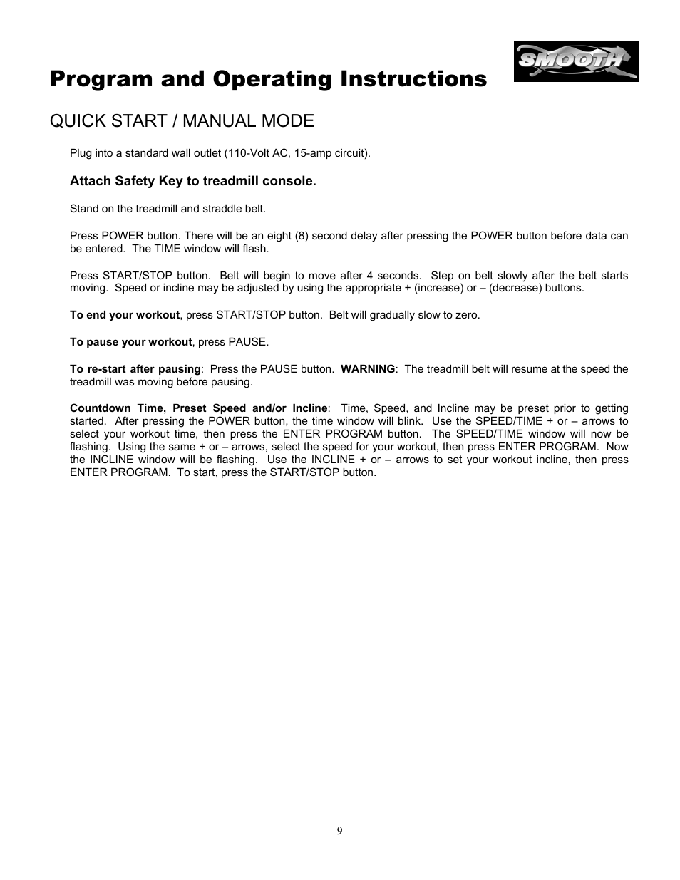 Program and operating instructions, Quick start / manual mode | Smooth Fitness 5.3P User Manual | Page 9 / 17