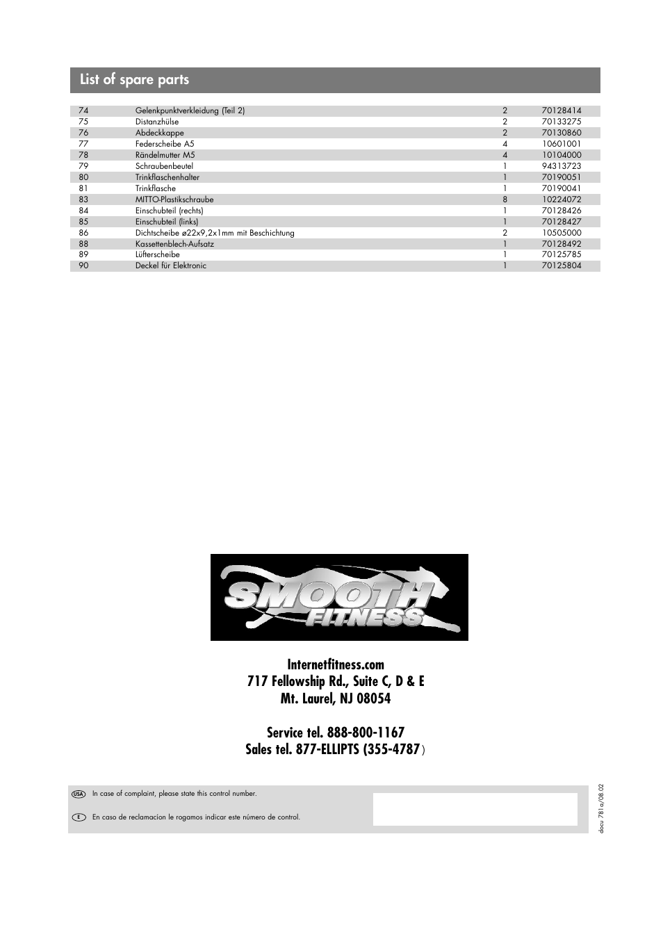 List of spare parts | Smooth Fitness 7858-699 User Manual | Page 12 / 12