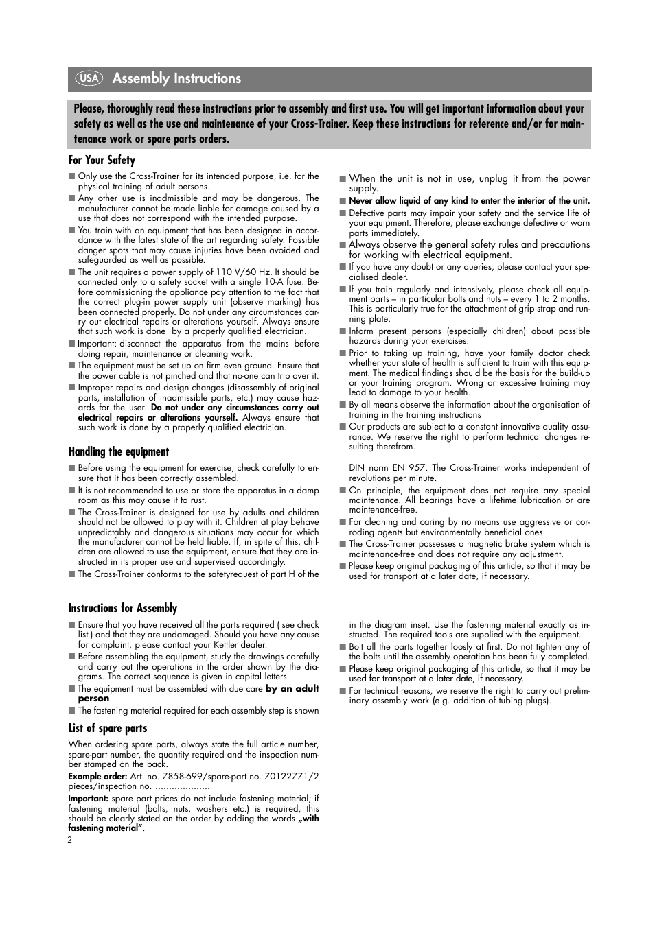 Assembly instructions, For your safety, Instructions for assembly | List of spare parts | Smooth Fitness 7858-699 User Manual | Page 2 / 12
