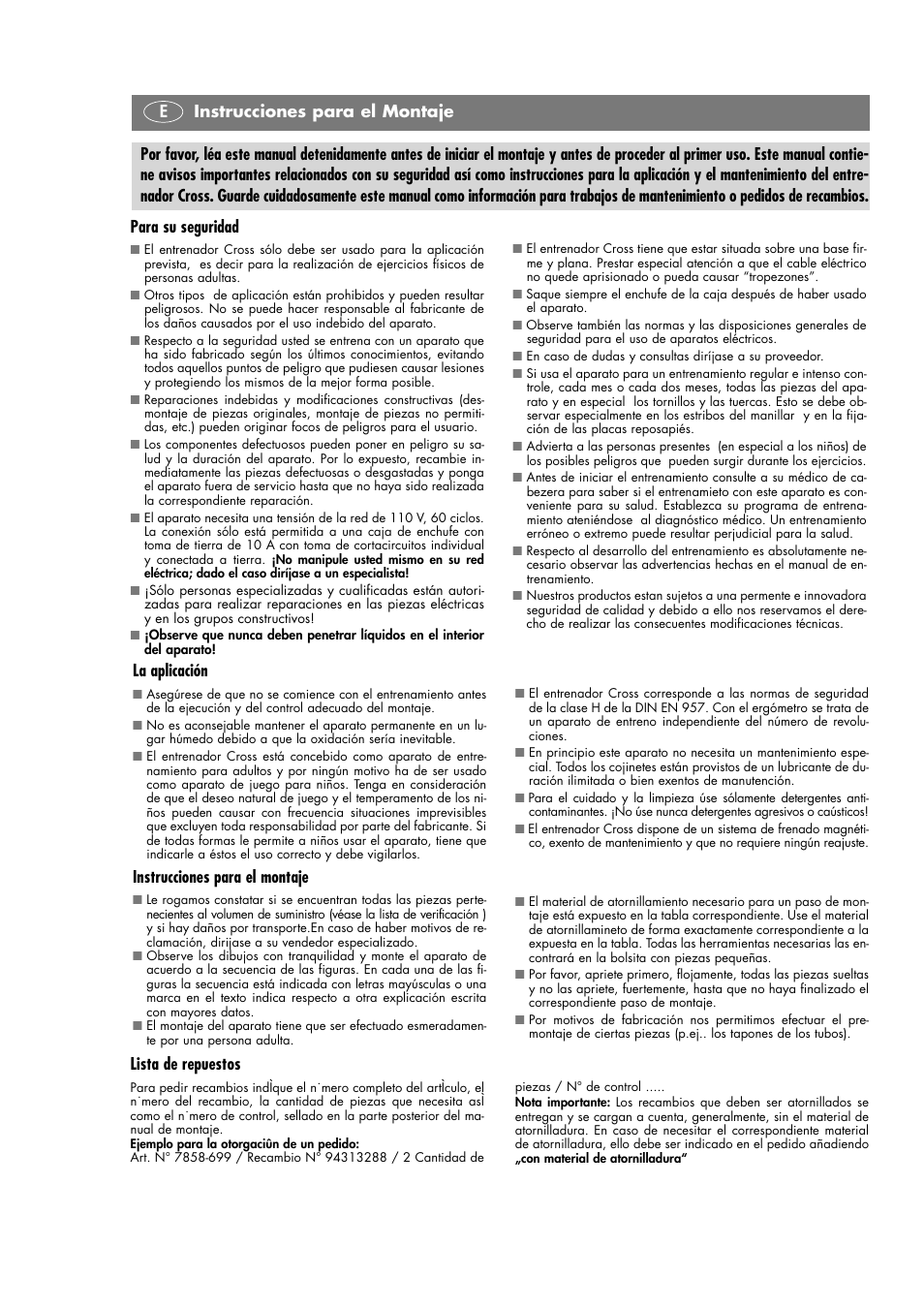 Para su seguridad, Instrucciones para el montaje, Lista de repuestos | Instrucciones para el montaje e | Smooth Fitness 7858-699 User Manual | Page 3 / 12