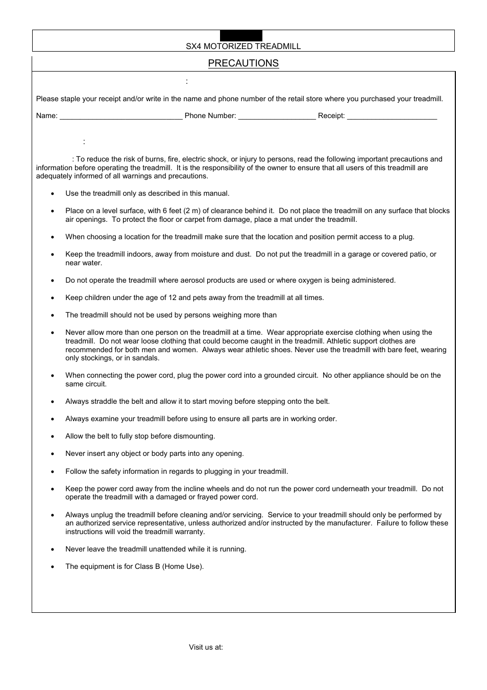 Precautions | Smooth Fitness SX4 User Manual | Page 2 / 30