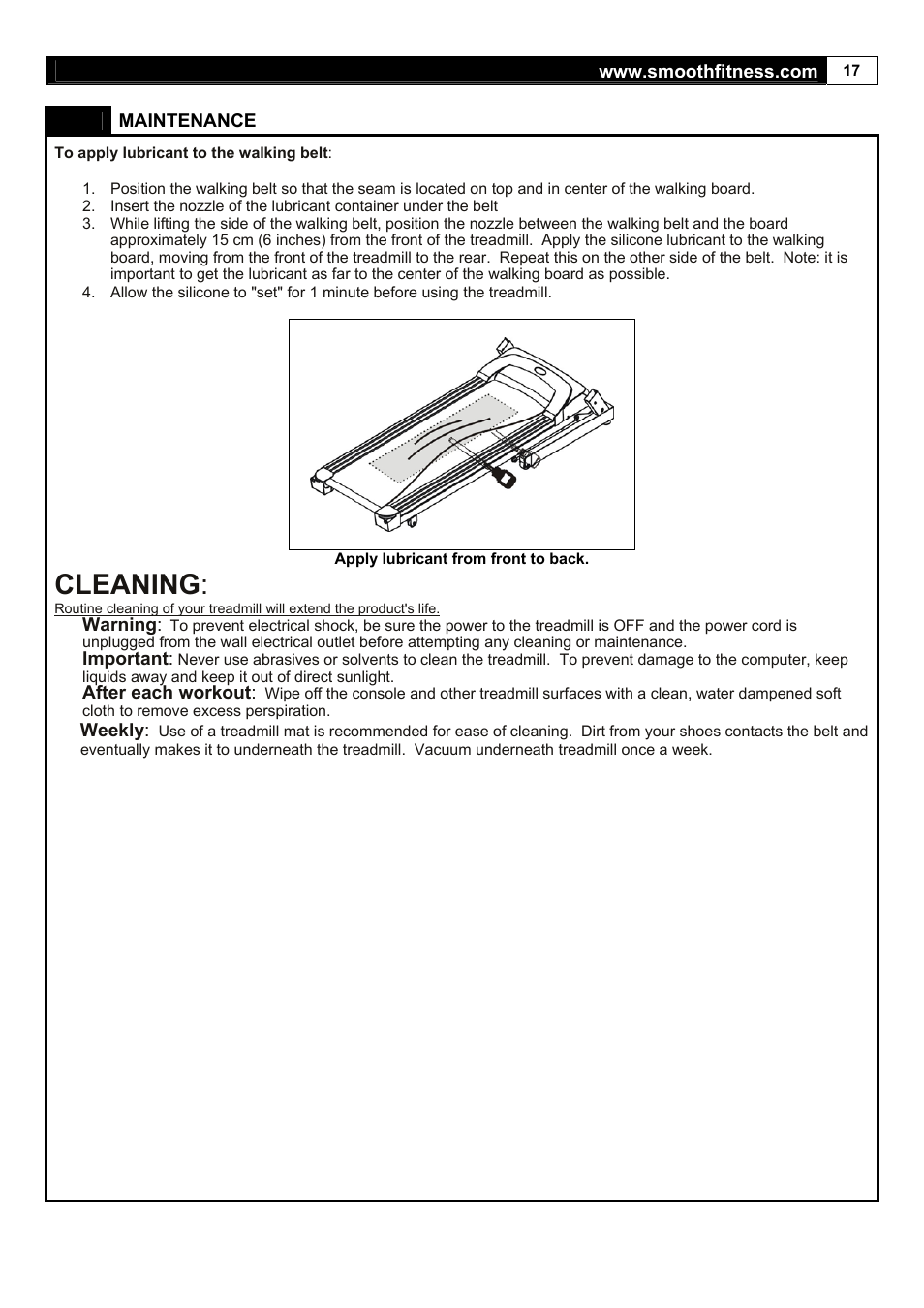 Cleaning | Smooth Fitness 5.65I User Manual | Page 17 / 28