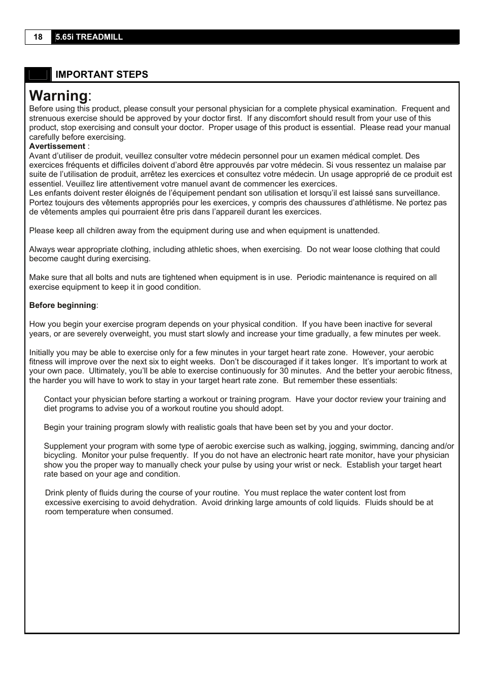 Warning | Smooth Fitness 5.65I User Manual | Page 18 / 28