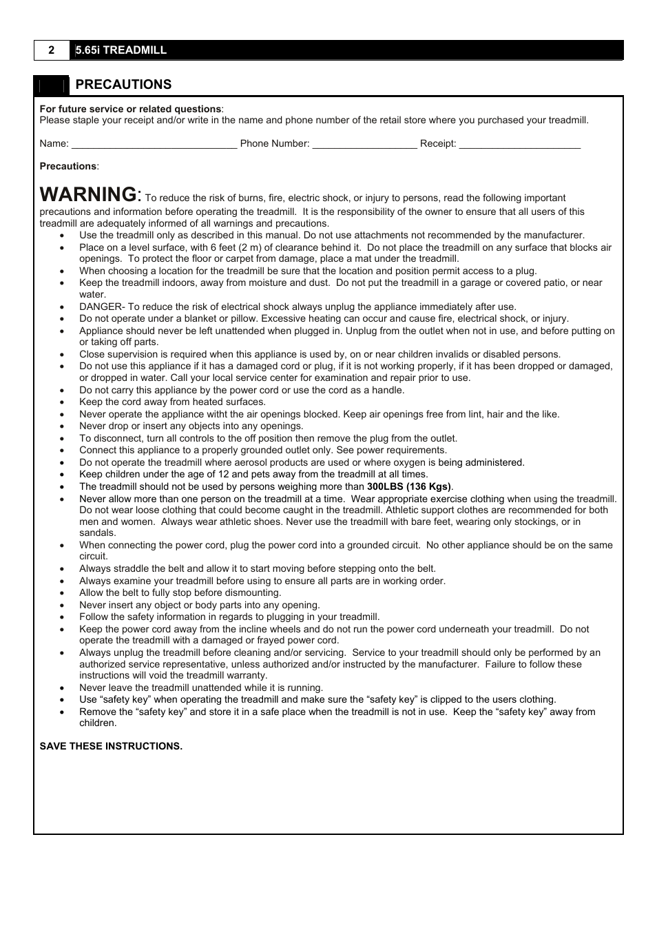 Warning, Precautions | Smooth Fitness 5.65I User Manual | Page 2 / 28