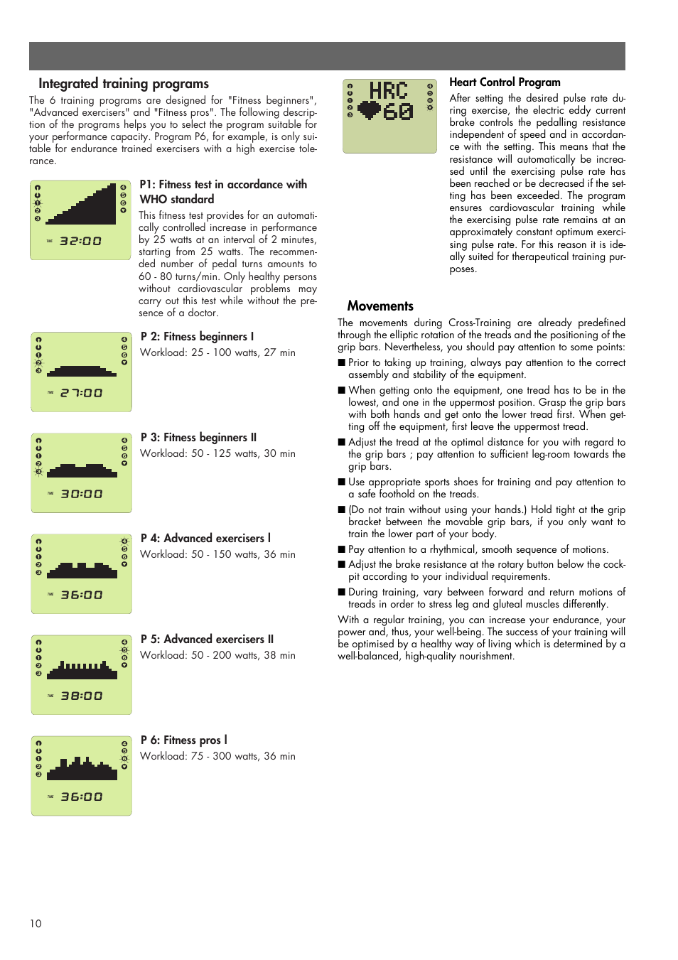 Integrated training programs, Movements, P1: fitness test in accordance with who standard | P 2: fitness beginners i, P 3: fitness beginners ii, P 4: advanced exercisers l, P 5: advanced exercisers ii, P 6: fitness pros l, Heart control program | Smooth Fitness SMOOTH CE 07858-699 User Manual | Page 10 / 12
