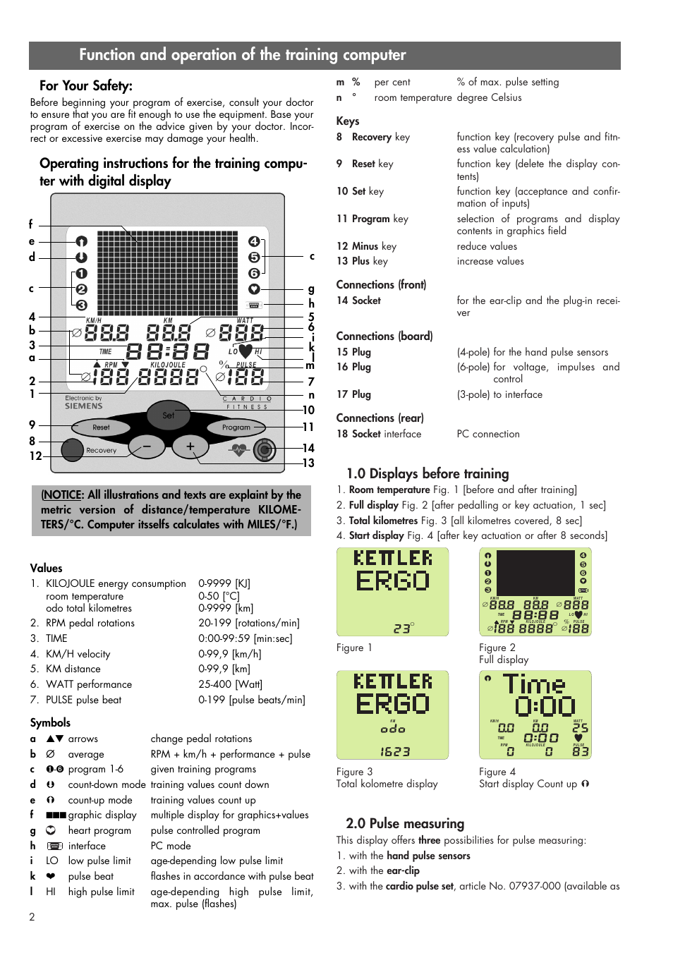 Function and operation of the training computer, 0 displays before training, 0 pulse measuring | For your safety | Smooth Fitness SMOOTH CE 07858-699 User Manual | Page 2 / 12