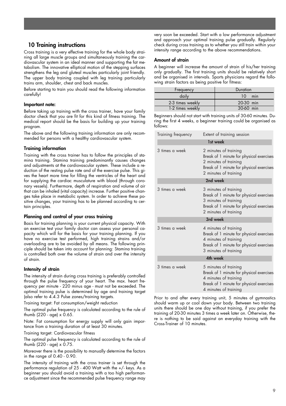 10 training instructions | Smooth Fitness SMOOTH CE 07858-699 User Manual | Page 9 / 12