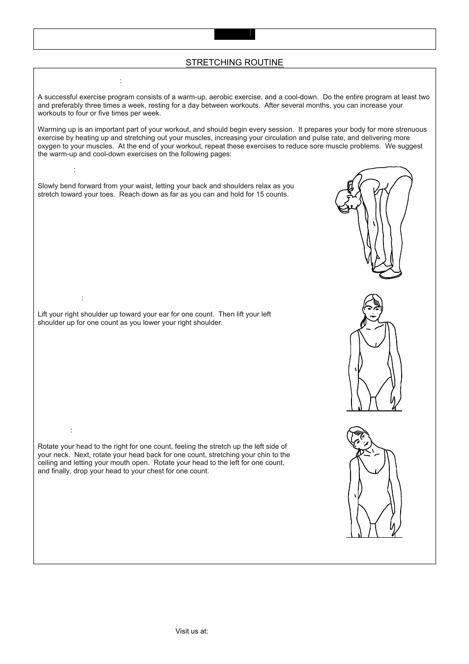 Stretching routine, Toe touch, Shoulder lift | Head roll | Smooth Fitness CE 3.2 User Manual | Page 36 / 38