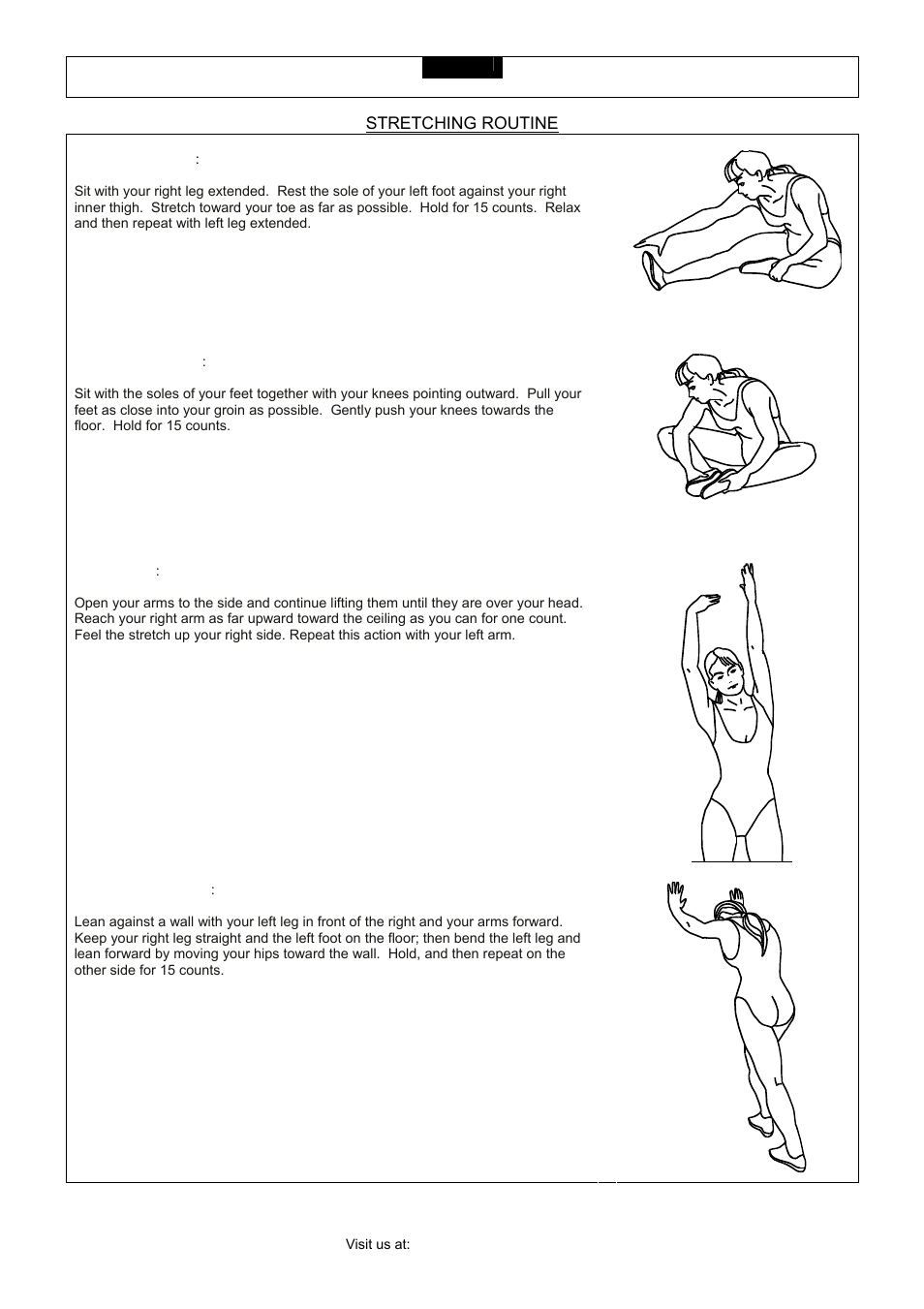 Stretching routine, Inner thigh stretch, Side stretch | Calf-achilles stretch | Smooth Fitness CE 3.2 User Manual | Page 37 / 38