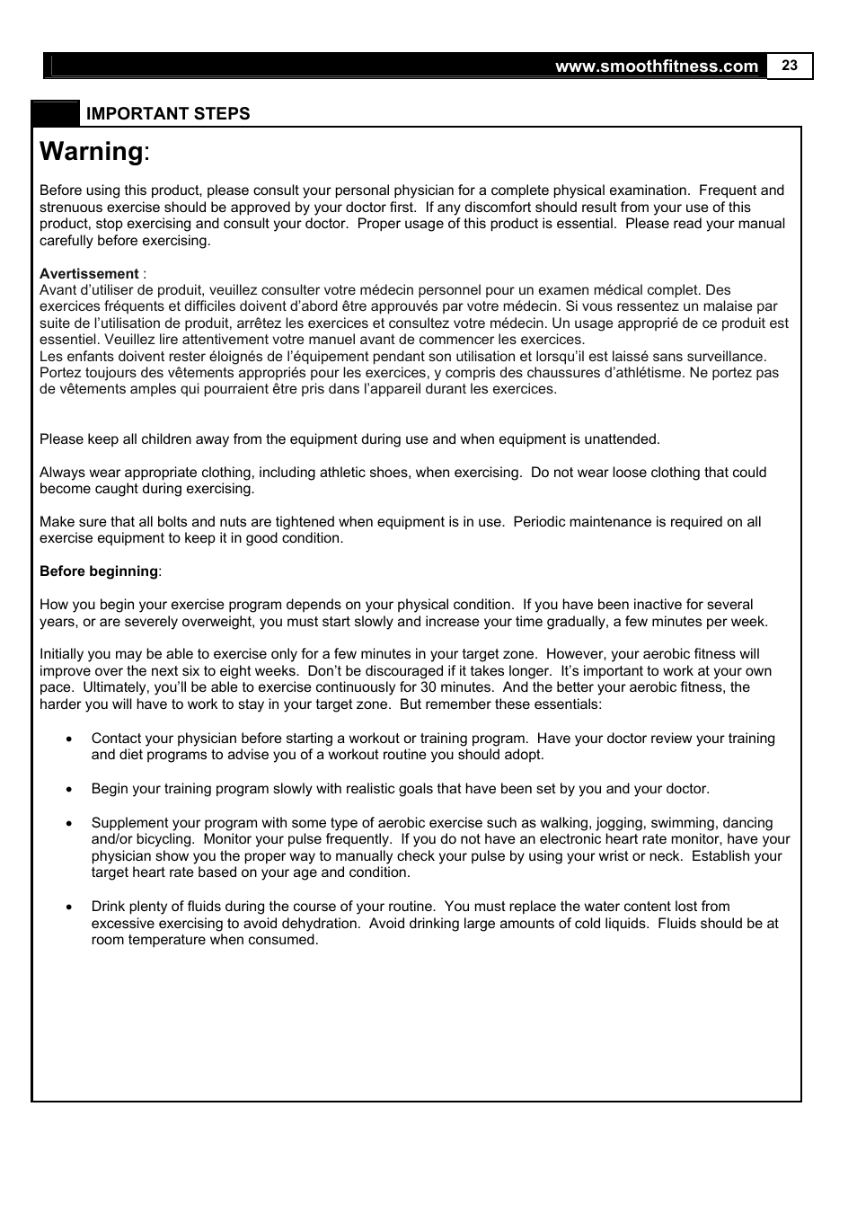 Warning | Smooth Fitness 5.65S User Manual | Page 23 / 41