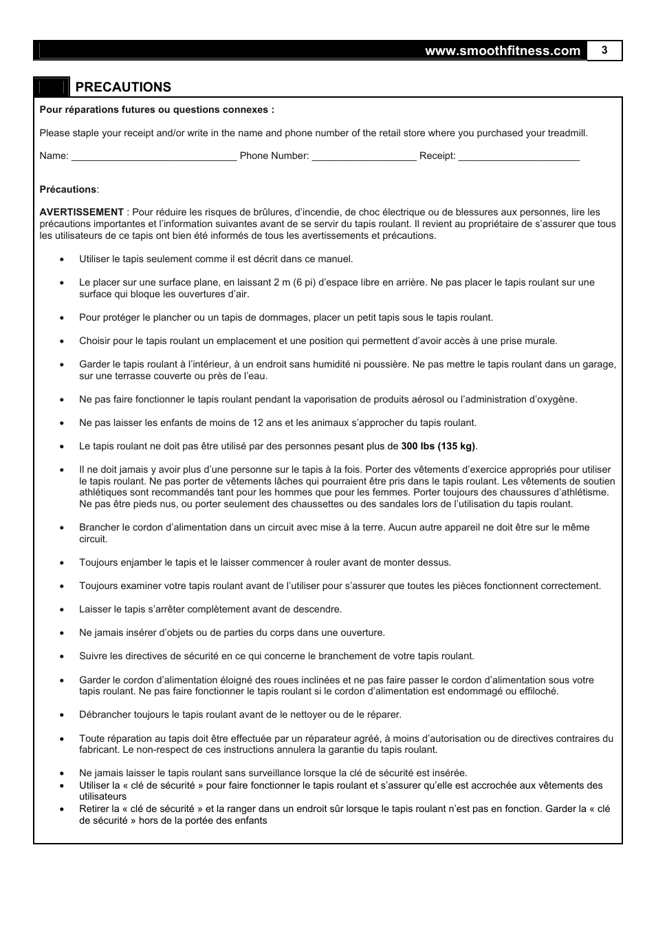 Precautions | Smooth Fitness 5.65S User Manual | Page 3 / 41