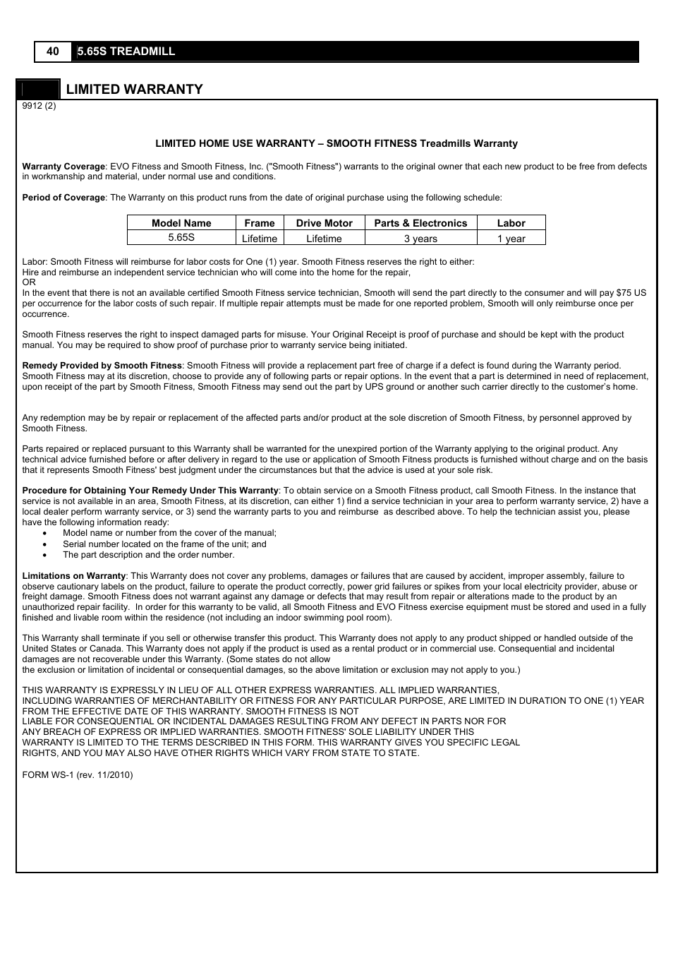 Limited warranty | Smooth Fitness 5.65S User Manual | Page 40 / 41