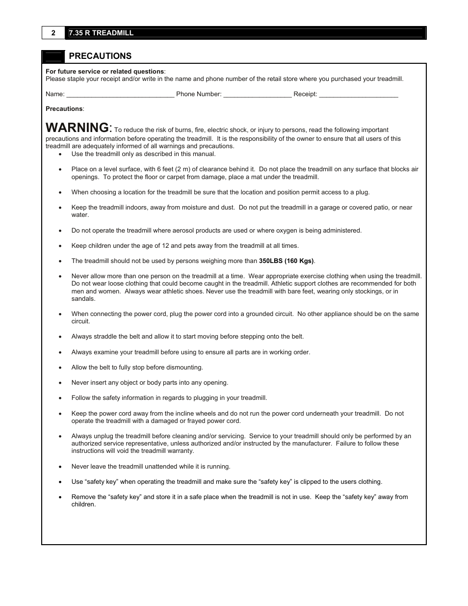 Warning, Precautions | Smooth Fitness 7.35 R User Manual | Page 2 / 39