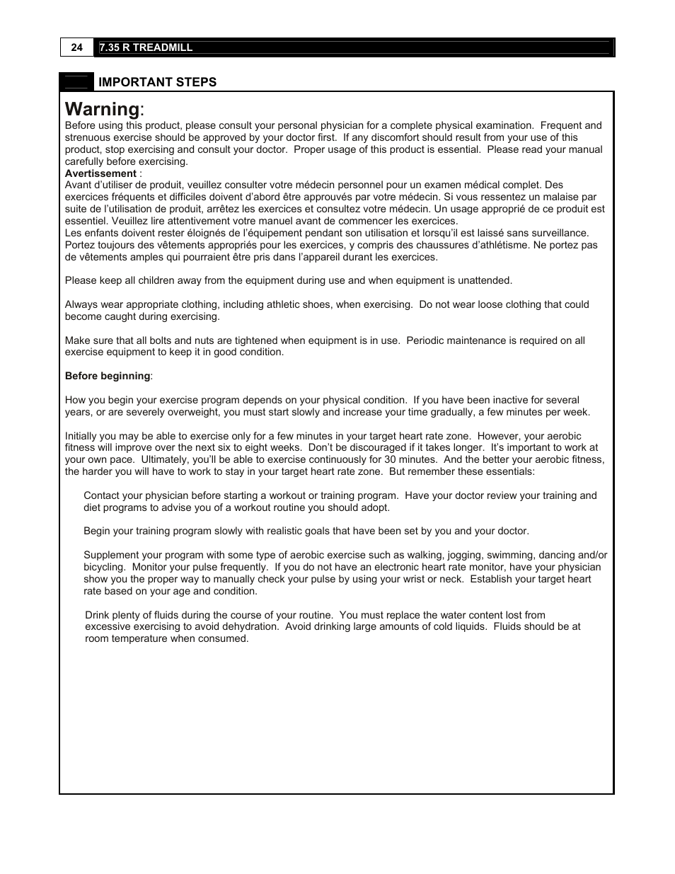 Warning | Smooth Fitness 7.35 R User Manual | Page 24 / 39