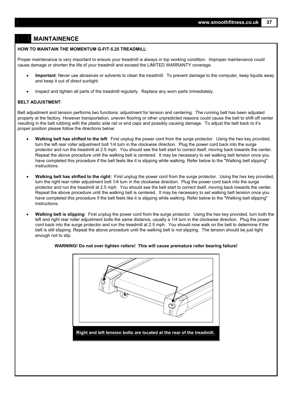 Maintainence | Smooth Fitness 5.25E User Manual | Page 37 / 45