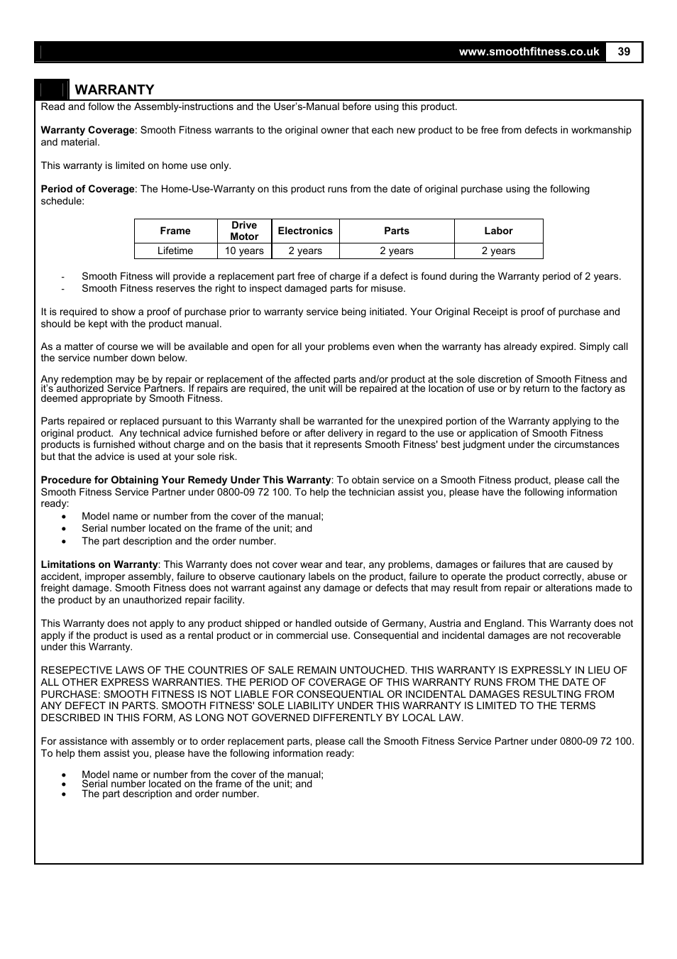 Warranty | Smooth Fitness 5.25E User Manual | Page 39 / 45