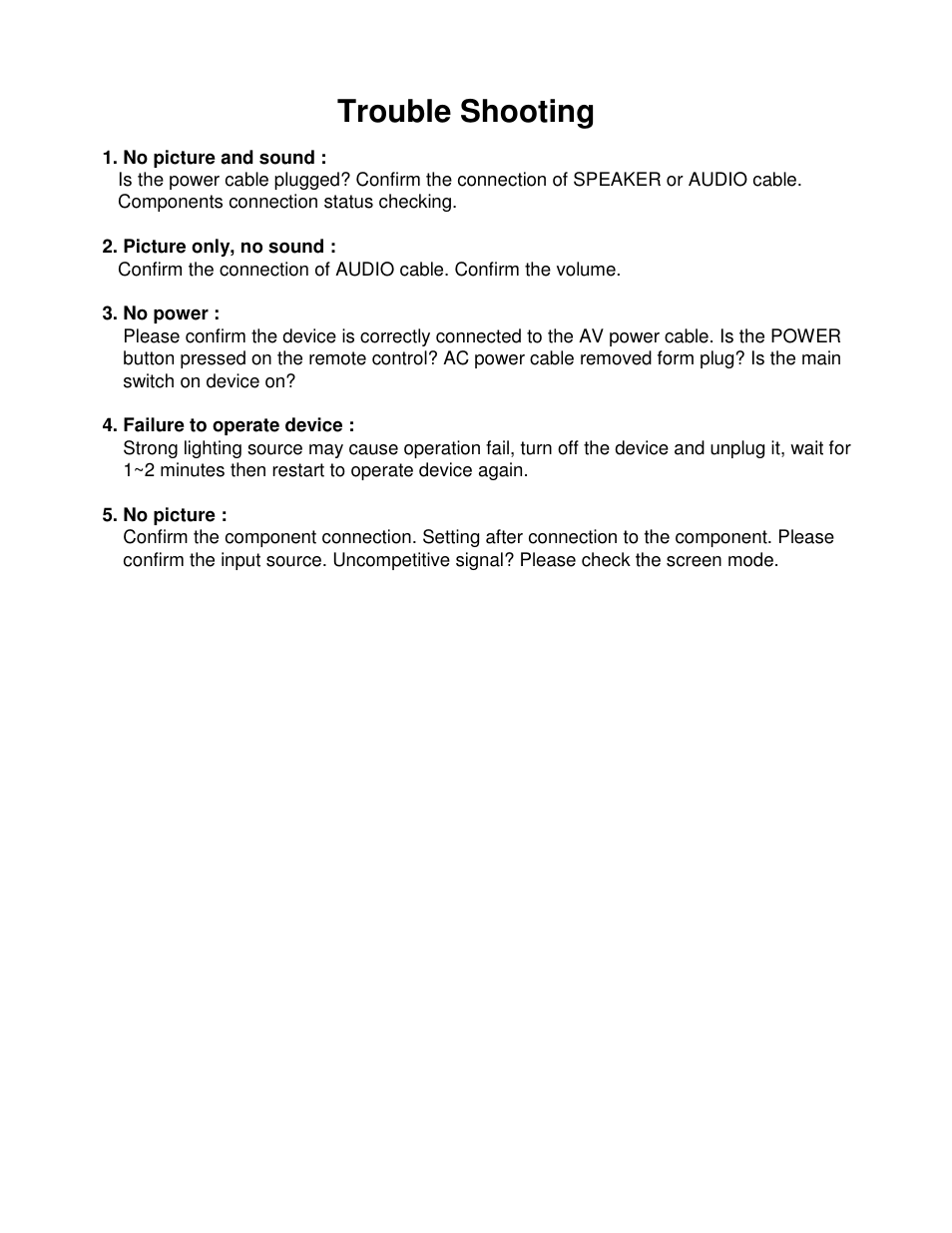 Trouble shooting | Smooth Fitness 15" TFT LCD MONITOR GMTV15 User Manual | Page 11 / 11