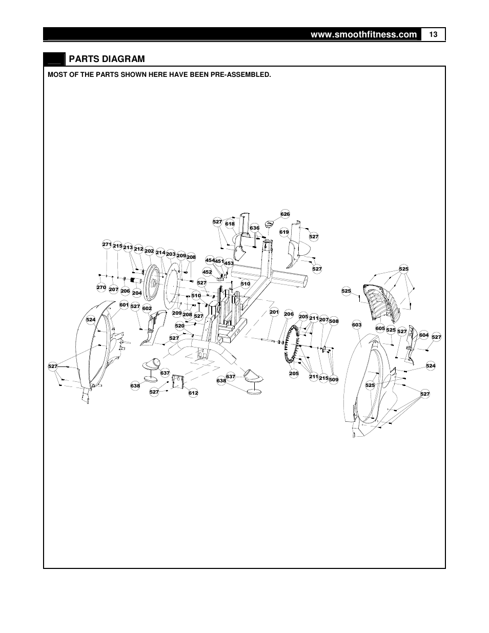 Parts diagram | Smooth Fitness USER WEIGHT LIMITATION CE7.4 User Manual | Page 13 / 37