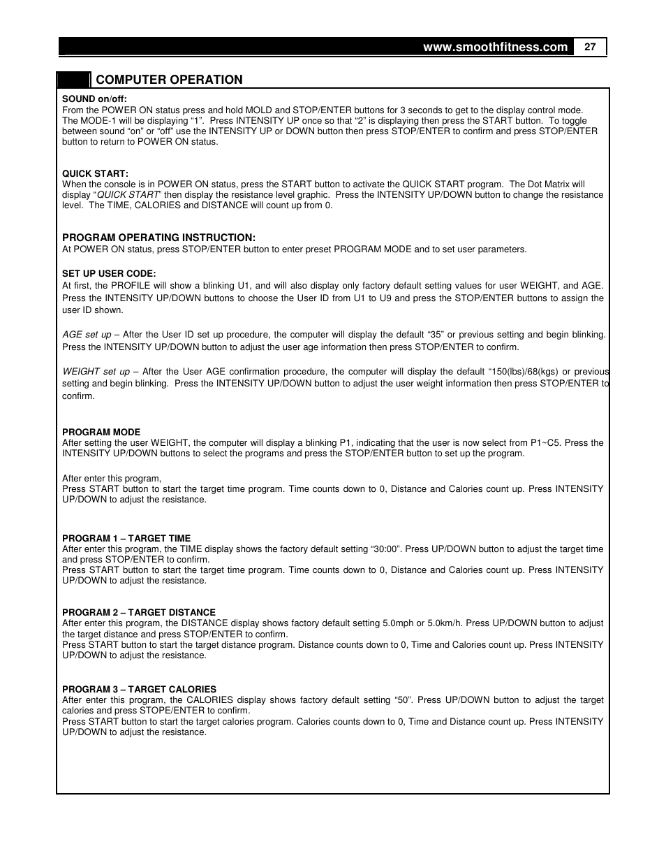 Smooth Fitness USER WEIGHT LIMITATION CE7.4 User Manual | Page 27 / 37