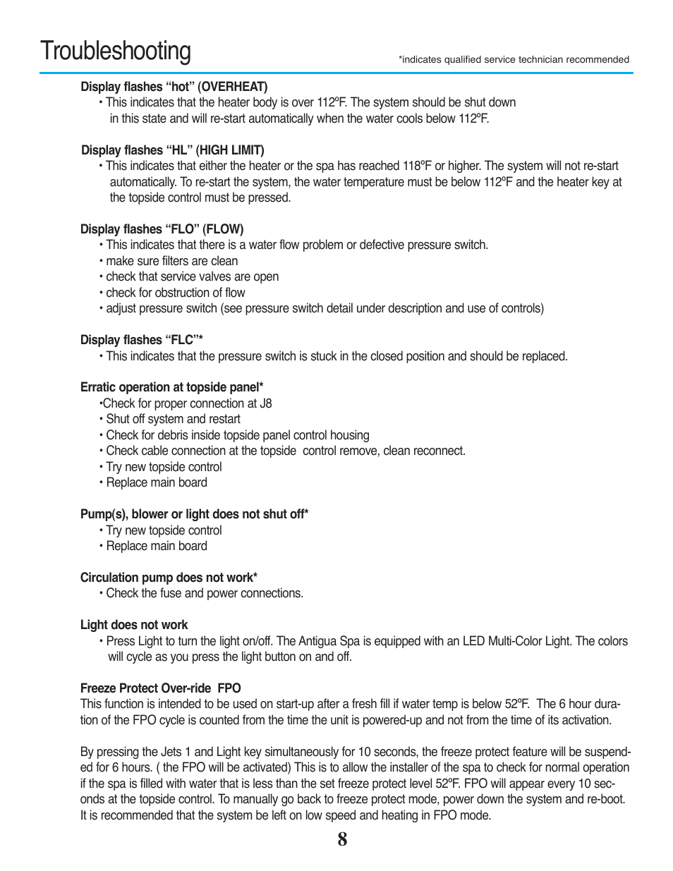 Troubleshooting | Strong Pools and Spas The Antigua User Manual | Page 10 / 16