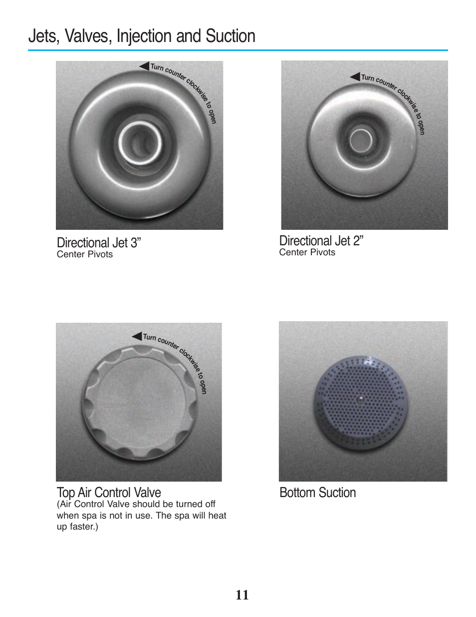 Jets, valves, injection and suction, 11 directional jet 2, Directional jet 3 | Top air control valve, Bottom suction | Strong Pools and Spas The Antigua User Manual | Page 13 / 16