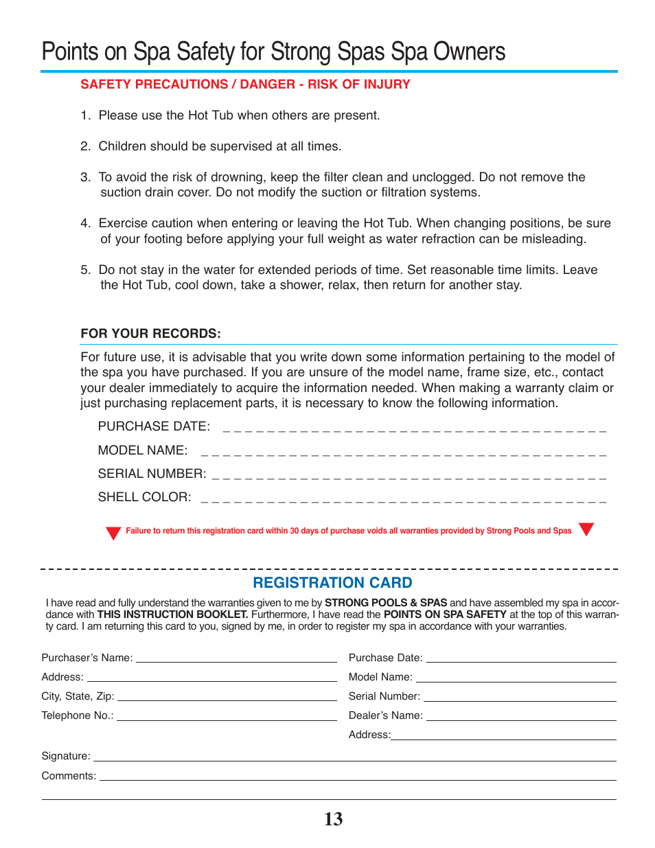 Points on spa safety for strong spas spa owners | Strong Pools and Spas The Antigua User Manual | Page 15 / 16