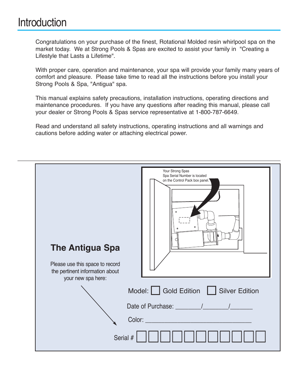 Introduction, The antigua spa | Strong Pools and Spas The Antigua User Manual | Page 3 / 16