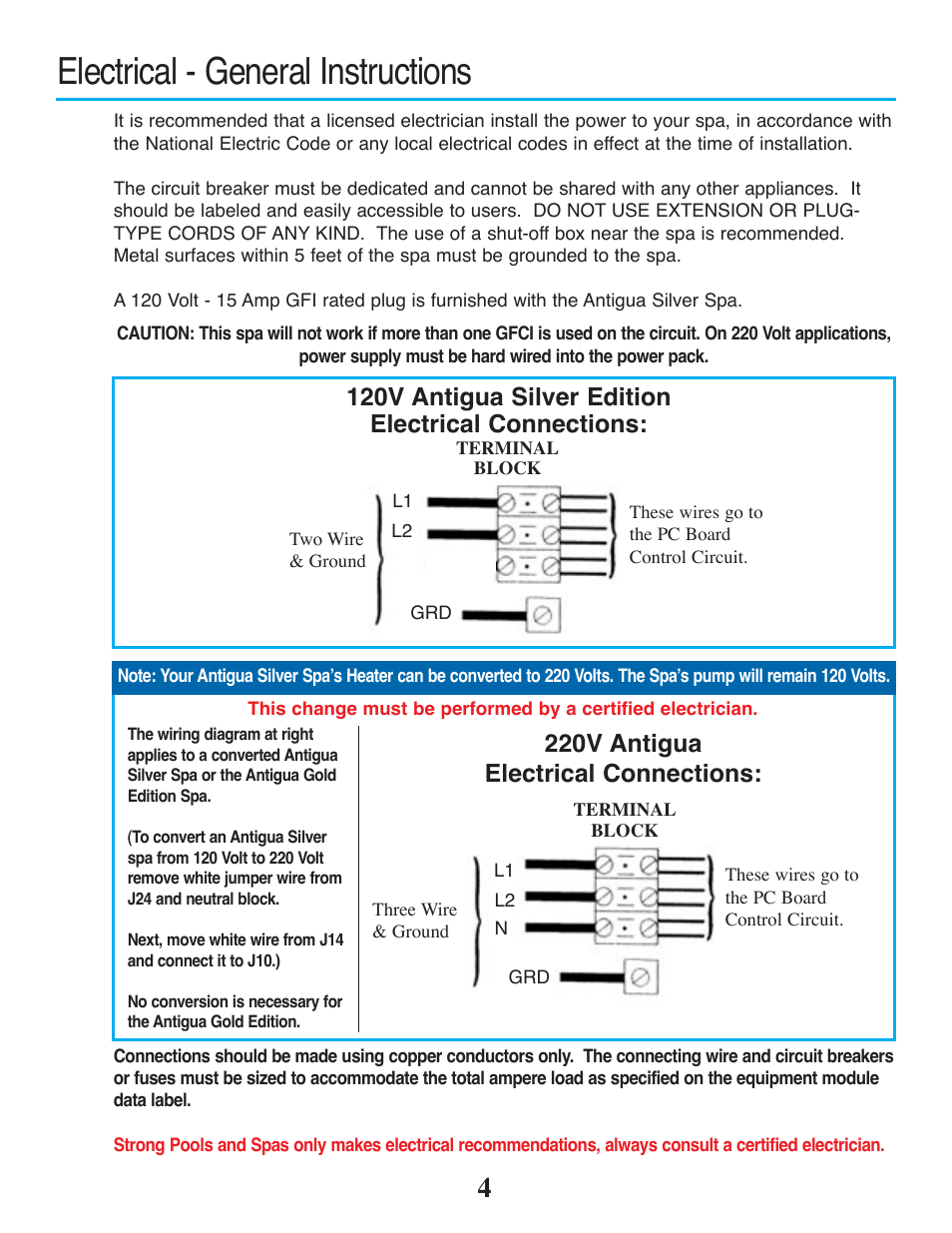Electrical - general instructions, 120v antigua silver edition electrical connections, 220v antigua electrical connections | Strong Pools and Spas The Antigua User Manual | Page 6 / 16