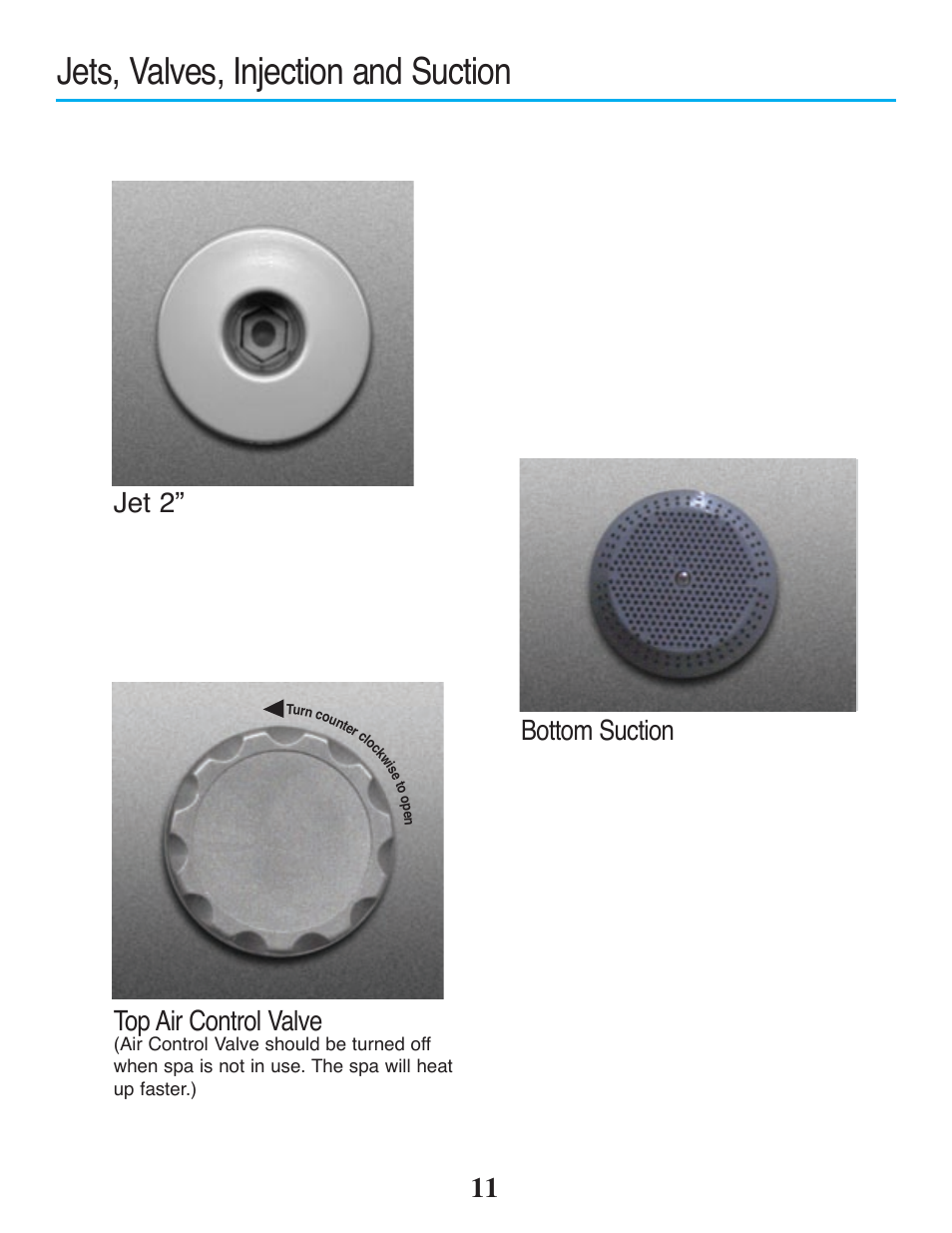 Jets, valves, injection and suction, 11 jet 2, Top air control valve | Bottom suction | Strong Pools and Spas Rio Spa User Manual | Page 13 / 16