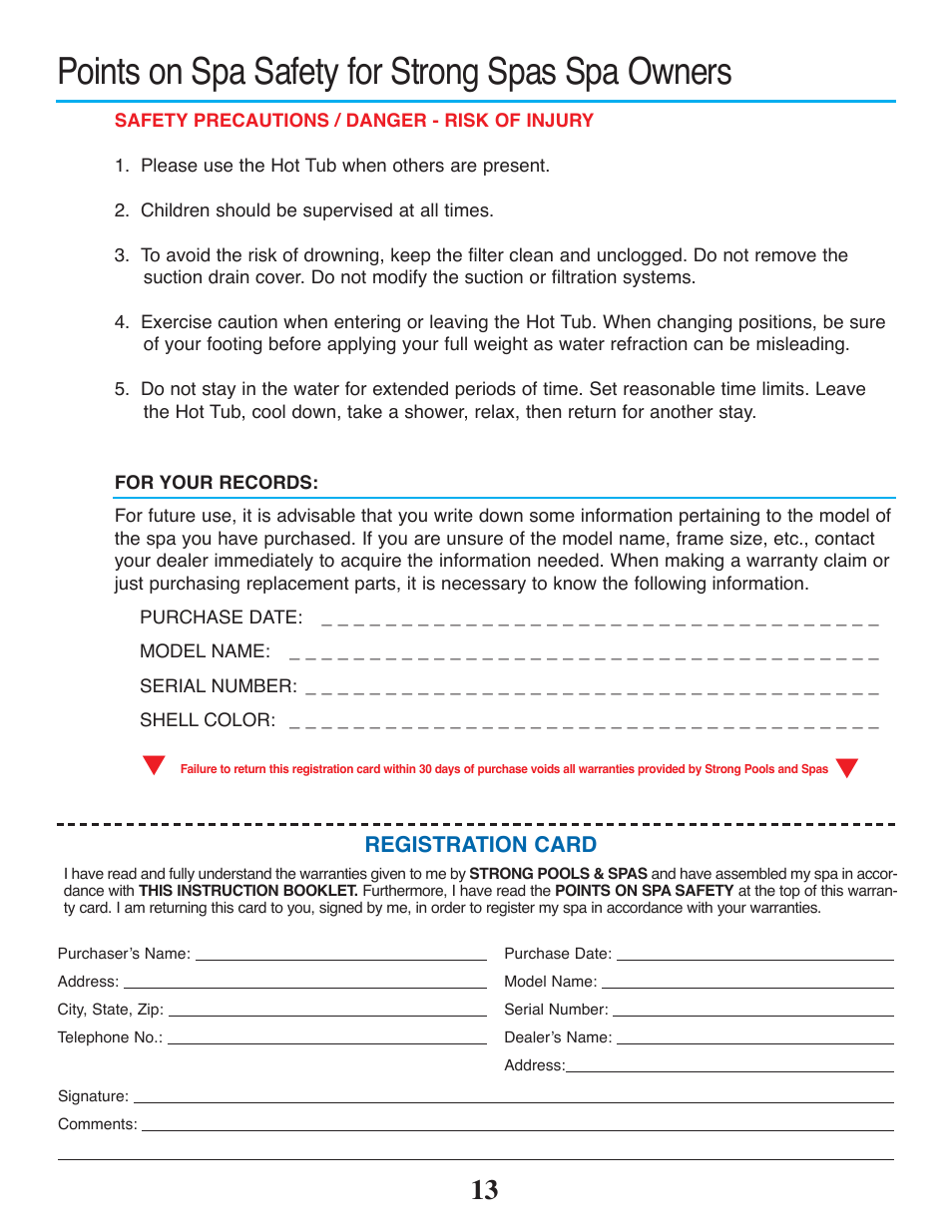 Points on spa safety for strong spas spa owners | Strong Pools and Spas Rio Spa User Manual | Page 15 / 16