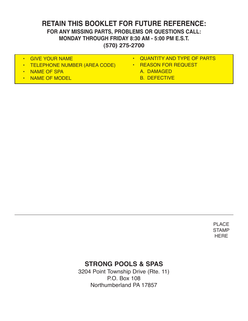Retain this booklet for future reference, Strong pools & spas | Strong Pools and Spas Rio Spa User Manual | Page 16 / 16