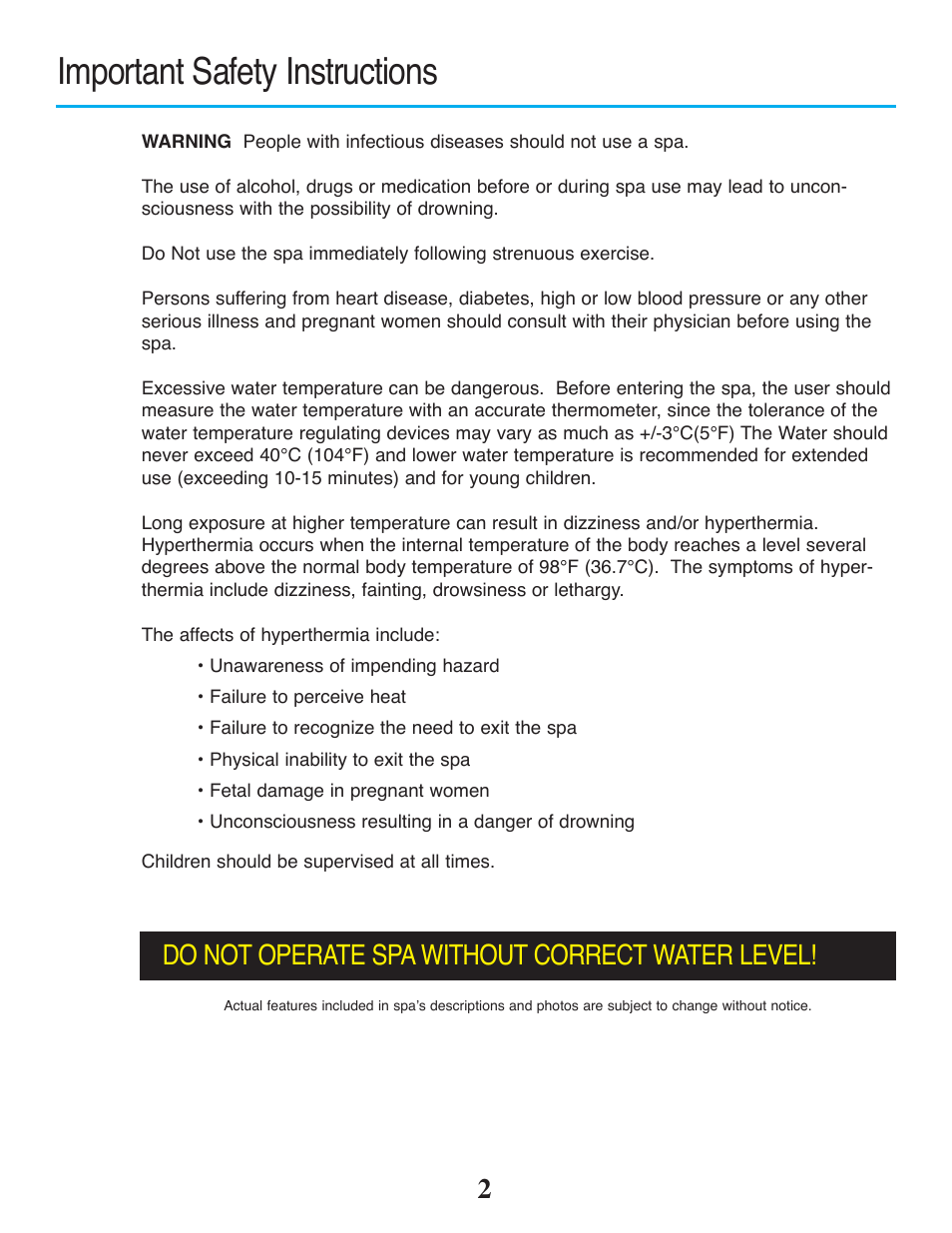 Important safety instructions, Do not operate spa without correct water level | Strong Pools and Spas Rio Spa User Manual | Page 4 / 16